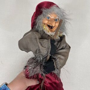 Vintage Flying Scary Witch on Broom Hanging Halloween Decoration Maroon Cape